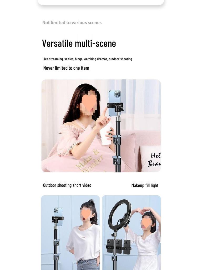 Adjustable Dual Phone Tripod with Fill Light for Outdoor Live Streaming and Photography