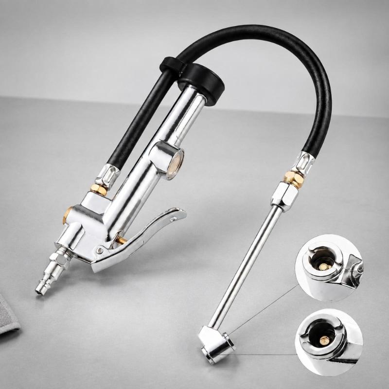Hand Operated Air Chuck Pressure Gauge with Angled Tire Head and Hose for Motorcycle and SUV Tire Care Tasks