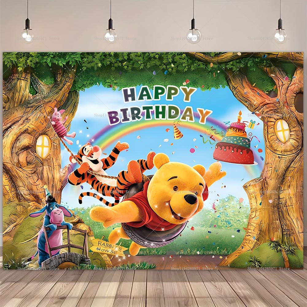 Winnie The Pooh Backdrop Kids Birthday Decoration Background Bear Friend Tiger Vinyl Polyester Photography Decor Props