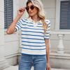 Women's Polo Collar Sleeveless Loose Fit Striped Knit Top Street Style 3/4 Sleeve Pullover Sweater Shirt