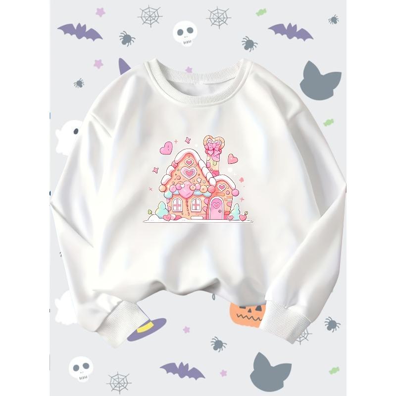 Adorable Cartoon Gingerbread House Print Long Sleeve Crewneck Sweatshirt for Kids, Unisex Boys Girls Pullover, All-Season Round Neck Top