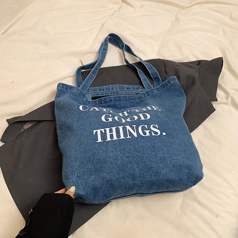 Casual relaxation letter bag women's new fashion college student class shoulder bag denim tote bag