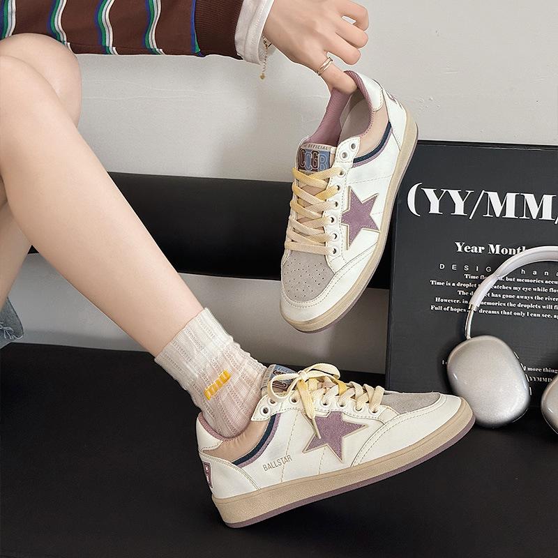 Women's Retro Patchwork Distressed Star Sneakers - Spring 2025, Casual Lace-Up Flat White Shoes