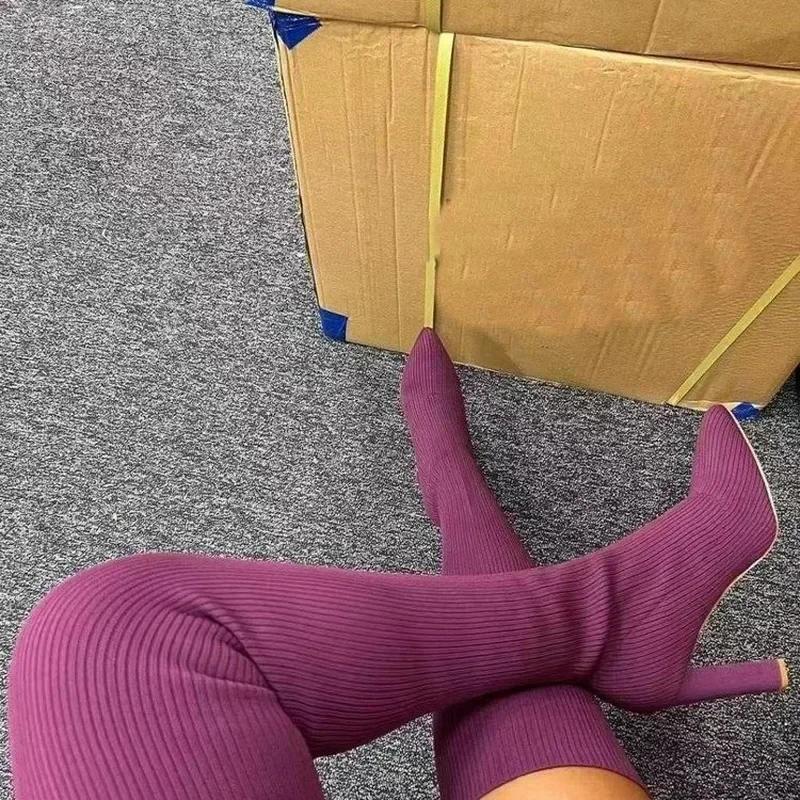 Mode Sexy Spitzzehen Dicke Hochhackige Overknee-Stiefel Damen Pumps Elastische Gestrickte Wolle Oberschenkelhohe Sockenstiefel Luxusschuh