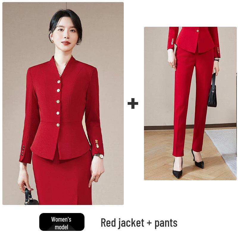 Women's 2025 Red Collarless Suit Jacket Set - New Style Salon Workwear for Professional Elegance