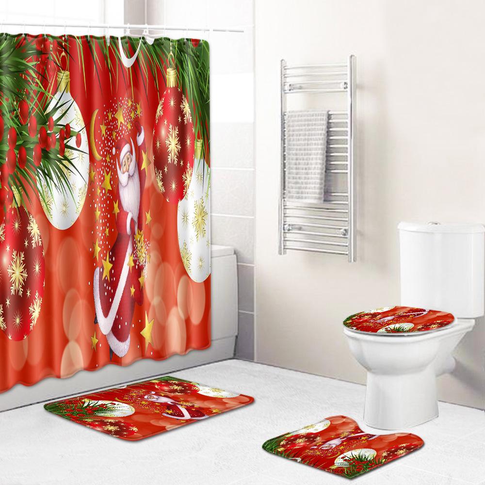 Christmas Shower Curtain Floor Mat Combination Four-Piece Set Bathroom Toilet Carpet Shower Room Mat Foot Mat