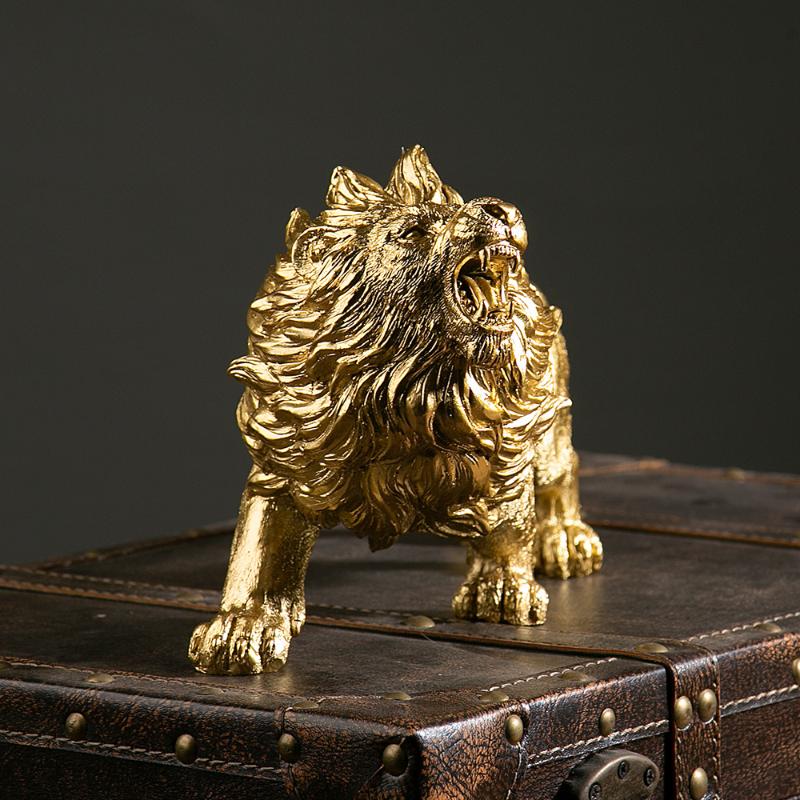 Lion Statue in Gold Resin Detailed Animal Sculpture Luxurious Home Bedroom Ornament
