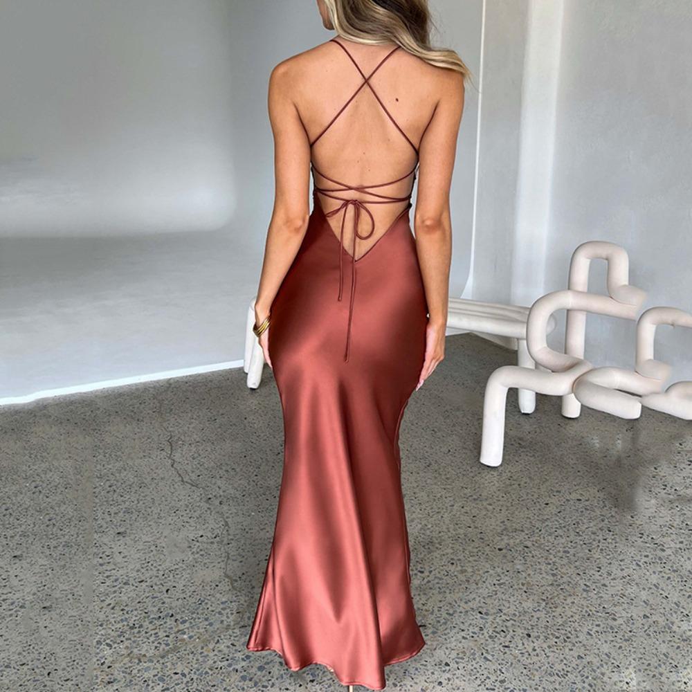 Women's V Neck Sleeveless Maxi Dress Slim Fit High Waist Mermaid Dress Satin Spaghetti Strap Criss Cross Back Tie Backless Wedding Party Long Dress