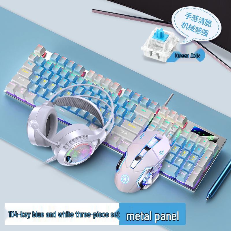 Silver Mechanical Keyboard, Mouse, and Headset Set - Blue/Black Switches, 87/104 Keys, Wired Gaming & Office E-Sports Bundle