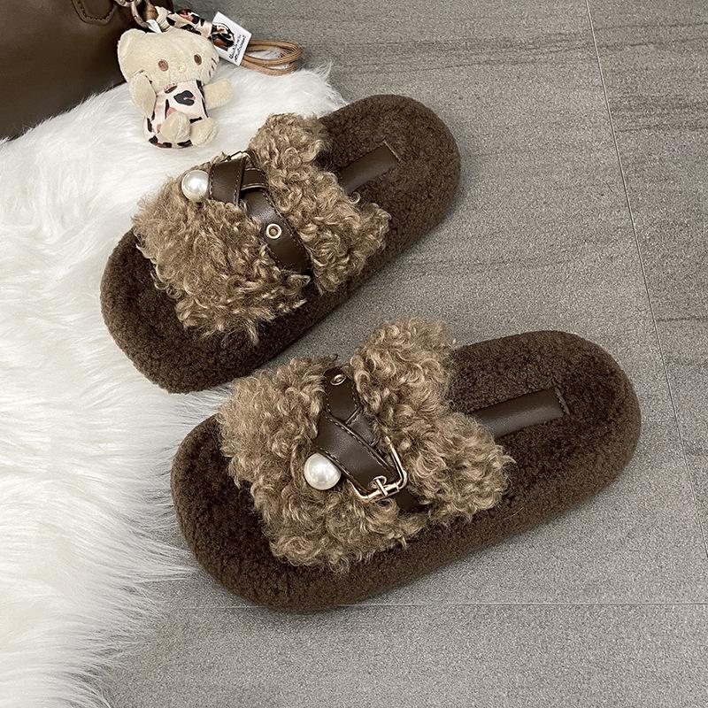 Thick-bottomed Fluffy Slippers for Women's Outerwear 2025 Autumn New Fashion Belt Buckle Lazy Casual Teddy Curly Slippers