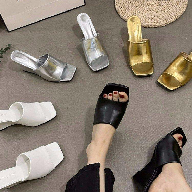 2025 spring and autumn new square head simple sandals stiletto high heels one-word slippers women wear fashion cool