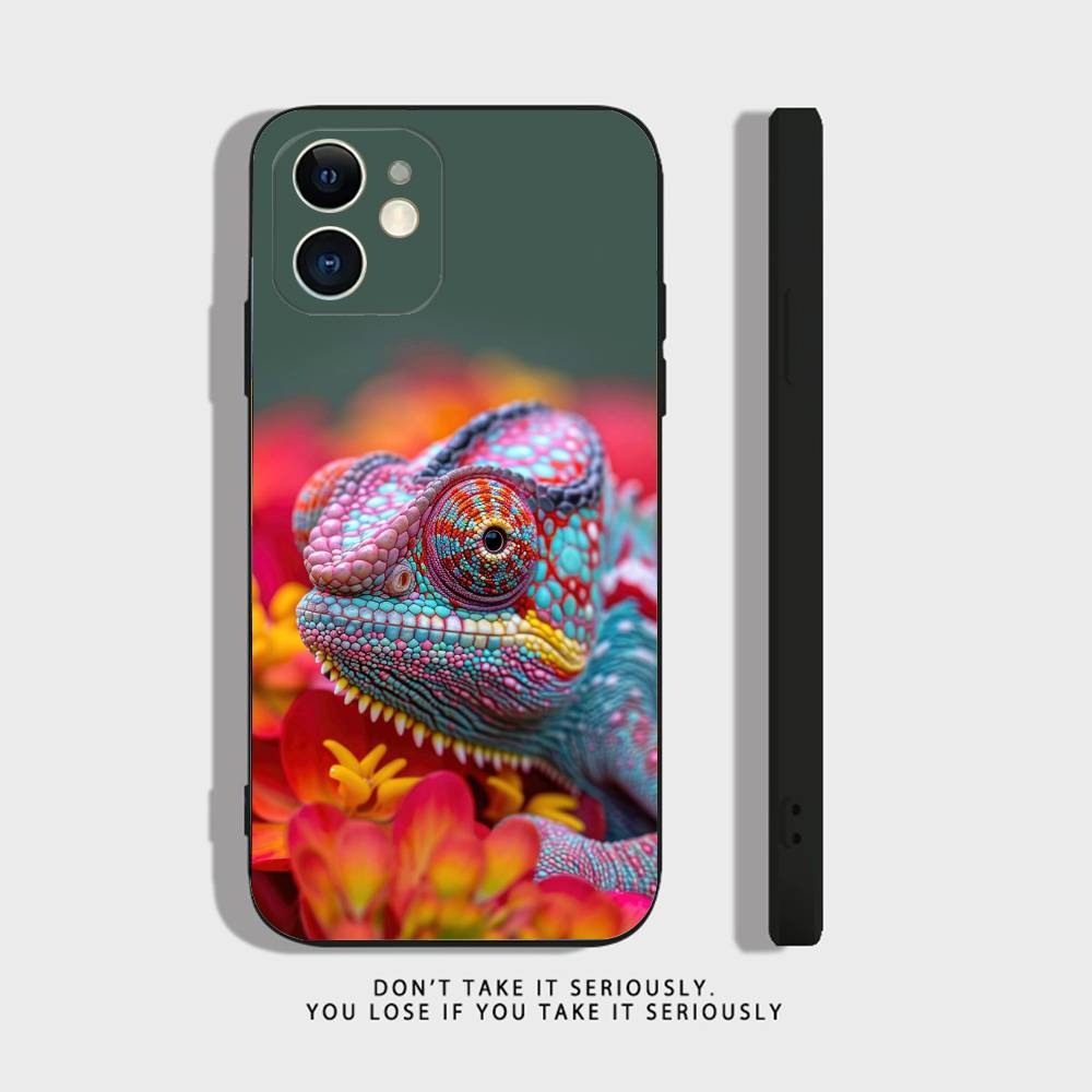 Cute Animal Chameleon Phone Case For iPhone 17,16,15,14,13,12,11,XR,Pro,XS,Max,XR,Plus,Mini Soft Silicone Black Shockproof