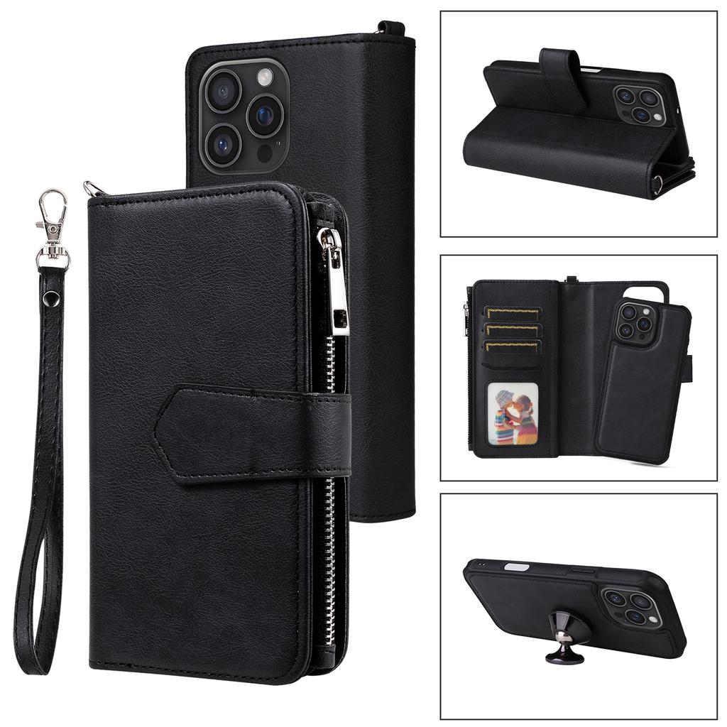 For iPhone 16 Pro Max Magnetic Leather Case Mobile Cover with Detachable Zipper Wallet Strap