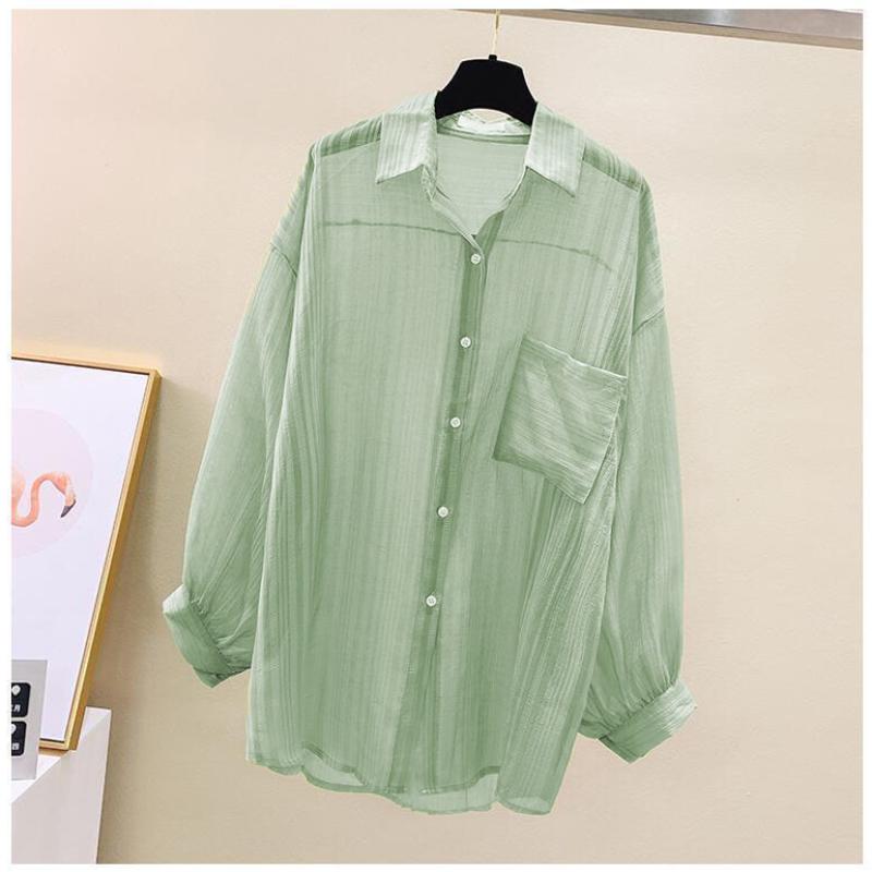 Summer Sunscreen Shirt Elegant Perspective Thin Chiffon Blouse Korean Harajuku See Through Loose Top Casual Women s Cardigan S зелёный