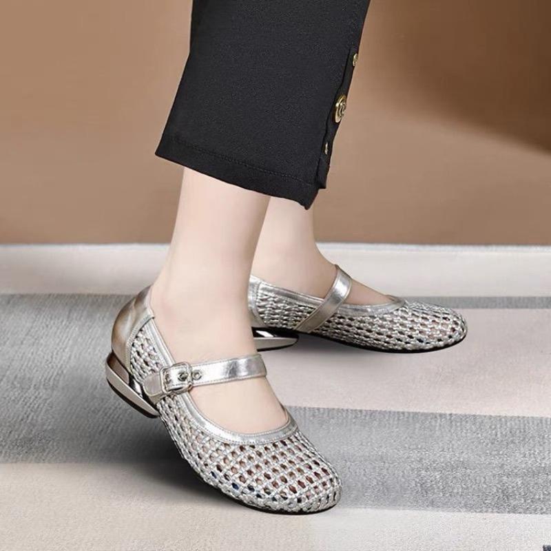 Beautiful woven hollow women's single shoes summer thick heel soft sole flat sole single shoes