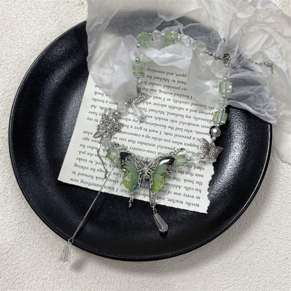 Sweet Rhinestone Butterfly Necklace Exaggerated Women's Choker Tassel Crystal Necklace  Party