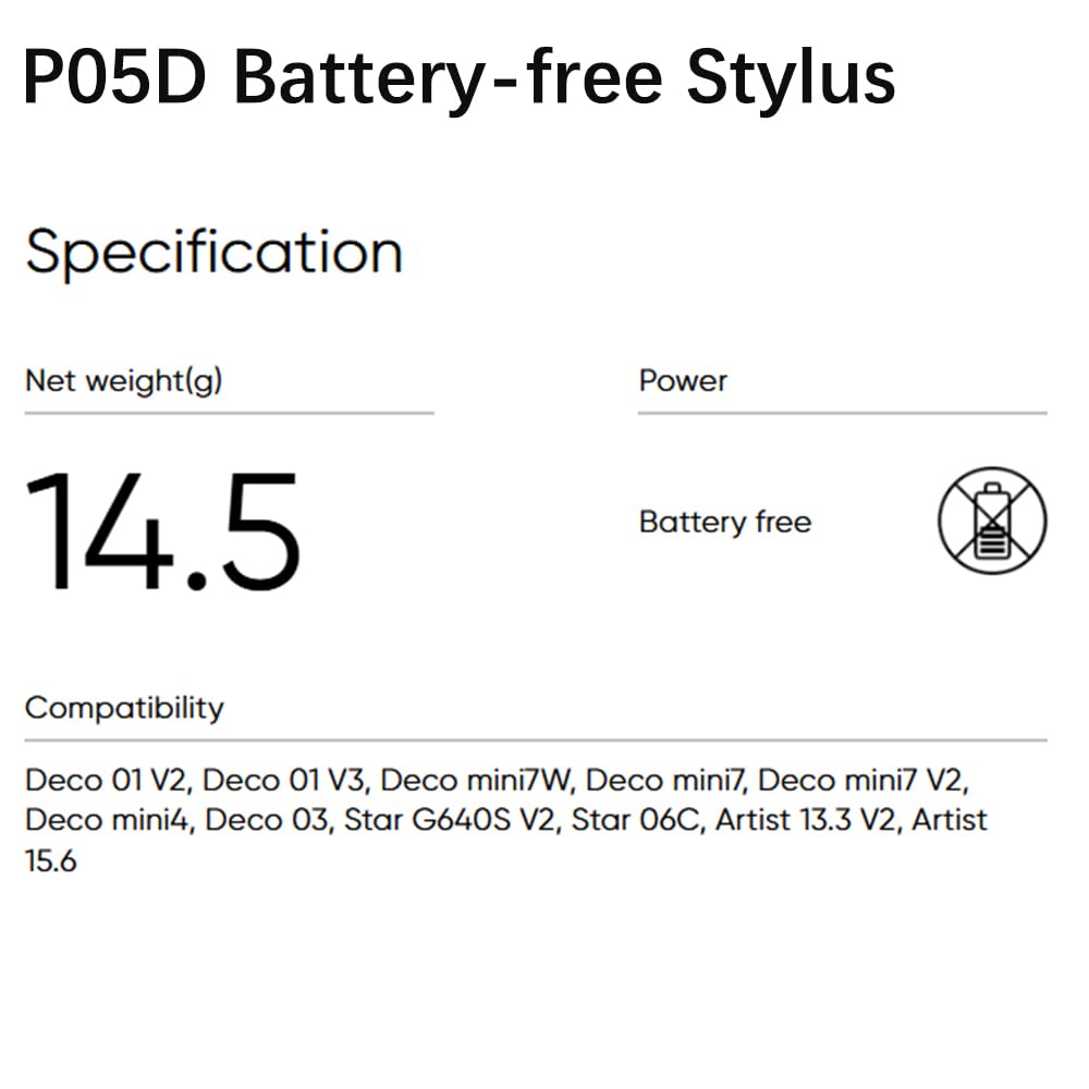 Stylus Pen P05, No Power Supply Required, Supports 8192 Pressure Levels, XPP-en Deco01V2/Deco03/StarG640S