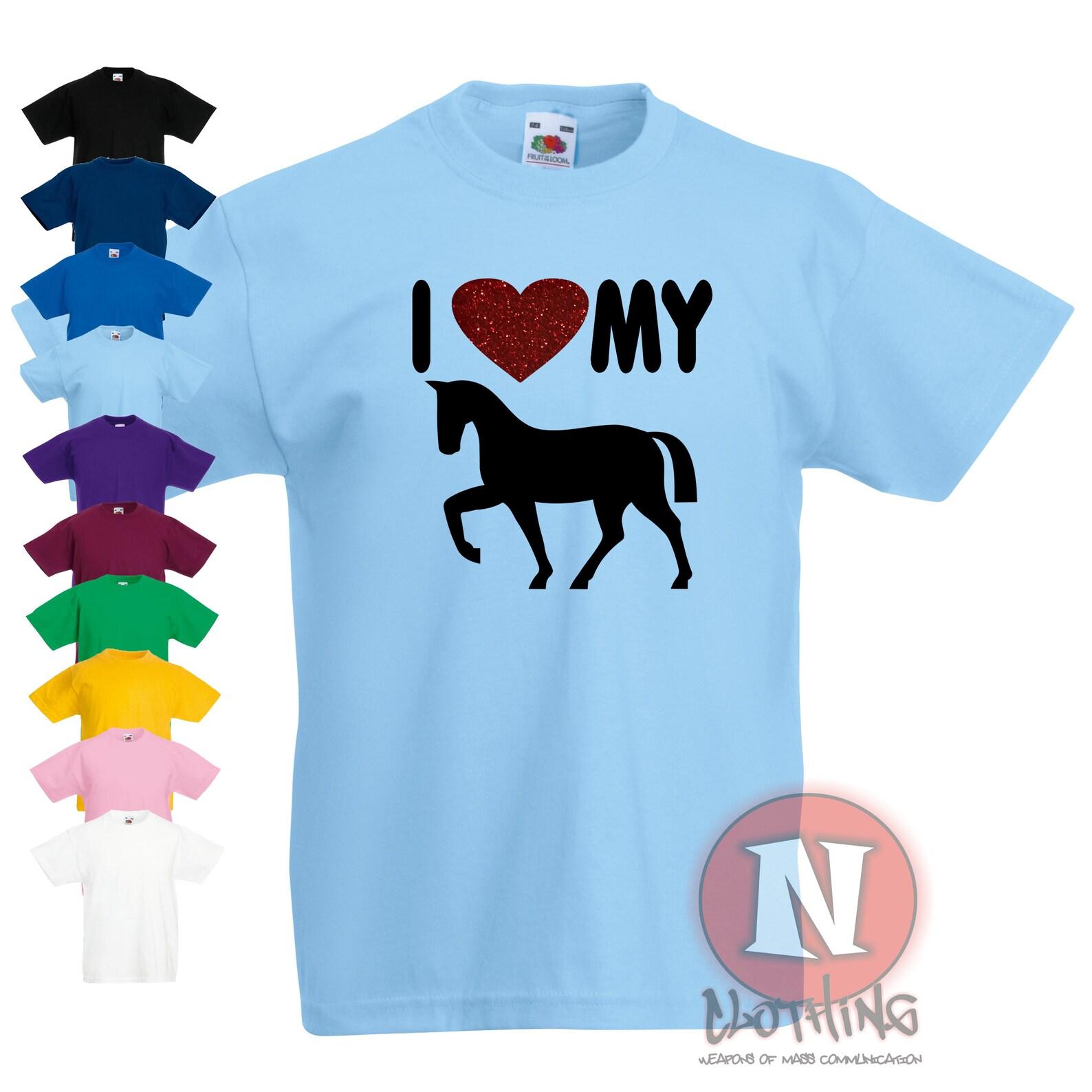 I love my horse / pony children s T-Shirt. Equestrian, horse back riding, pony trekking with glitter heart. 3XL