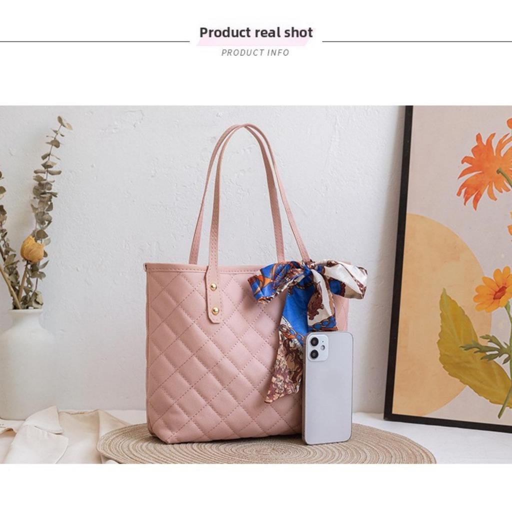 Fashionable Large Capacity Quilted Handbag with Scarf Embellishment - Soft Imitation Leather, Magnetic Buckle Closure, Suitable for Work and Leisure