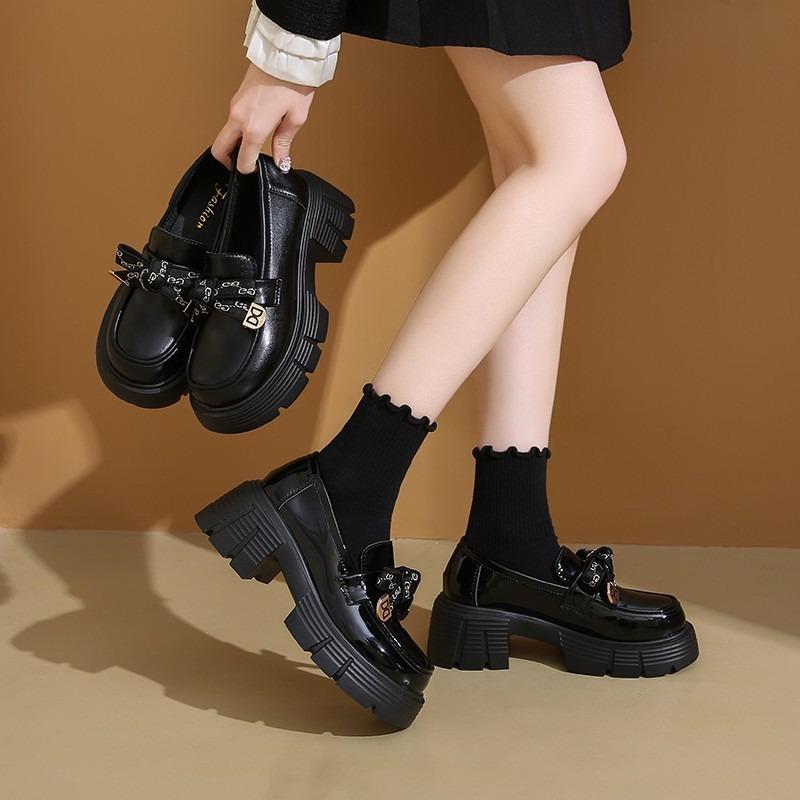 Platform Women's Black Small Leather Shoes Autumn New Fashion Bow Shoes Heightening Single Shoes