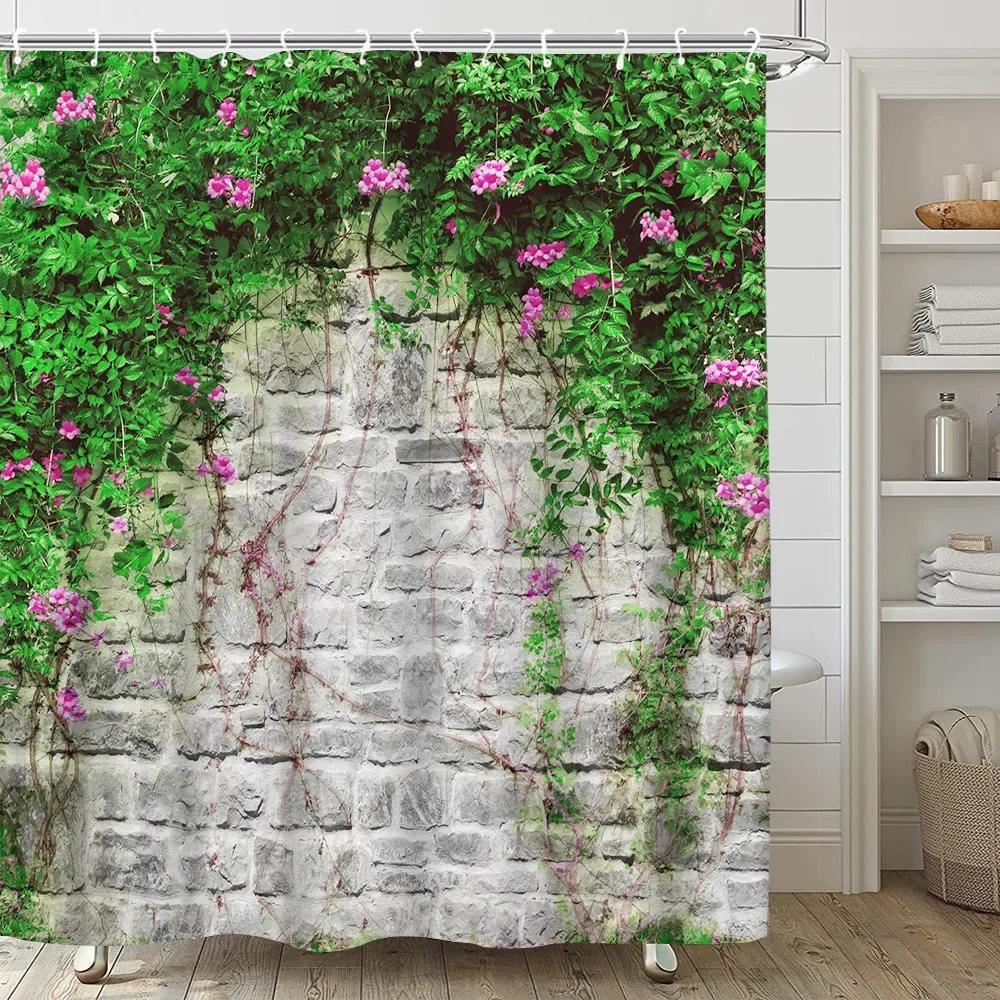 Greek Town Street View Shower Curtain Blue Wooden Doors Windows Flower Plant Wall Decor Bathroom Hanging Curtains Set With Hooks