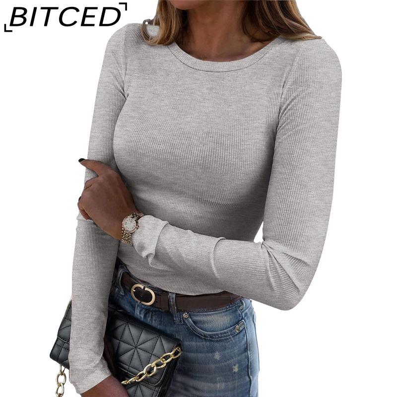 

BITCED Women s Long-Sleeved Stretch O-Neck Ribbed T-Shirt Fitted Casual Basic Top XXL сірий