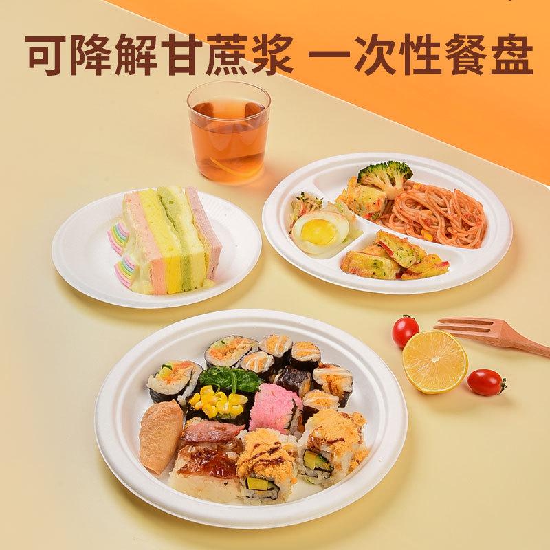 9"/10" 50pcs Disposable Sugarcane Pulp Three Grid Compostable Paper Tableware Degradable Picnic Pizza Party Dishes Dinner Plates