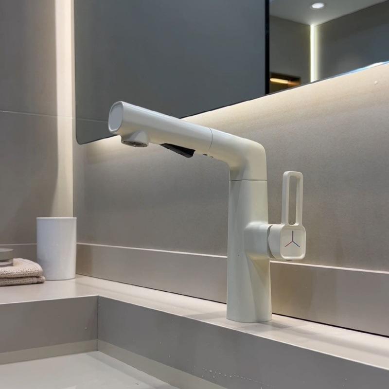 Milky White Bronze Pull-Out Bathroom Basin Faucet Grey Household Adjustable Hot And Cold Shower Faucet for Kitchen And Bath