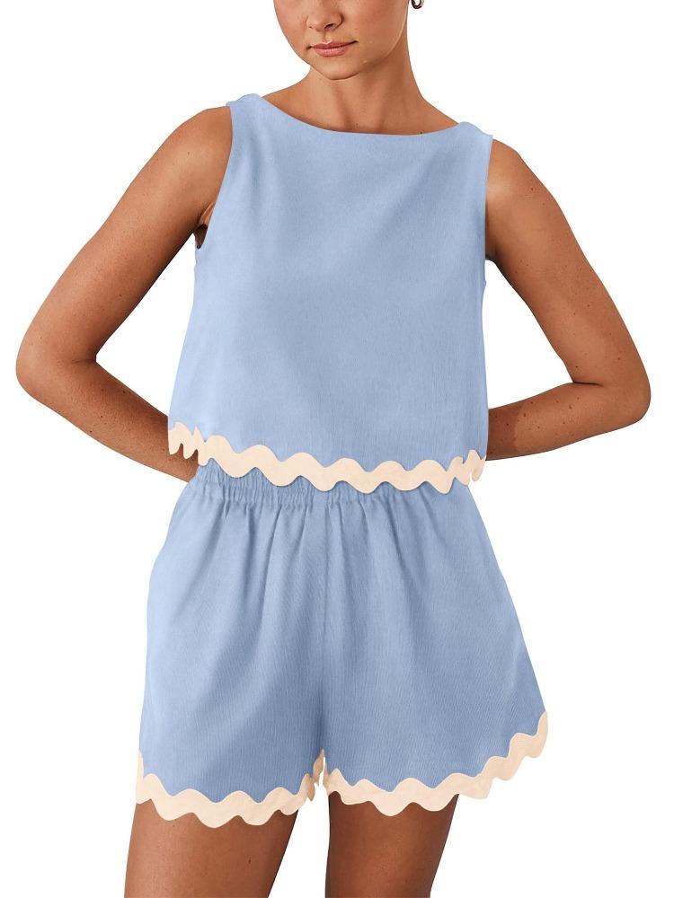 Women's Sleeveless Romper Shorts Set with Wave Hem in 6 Colors