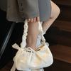 With Ribbon Lace Shoulder Bag Pleated Strap Large Capacity Bag Simple Canvas Handbag  Girls