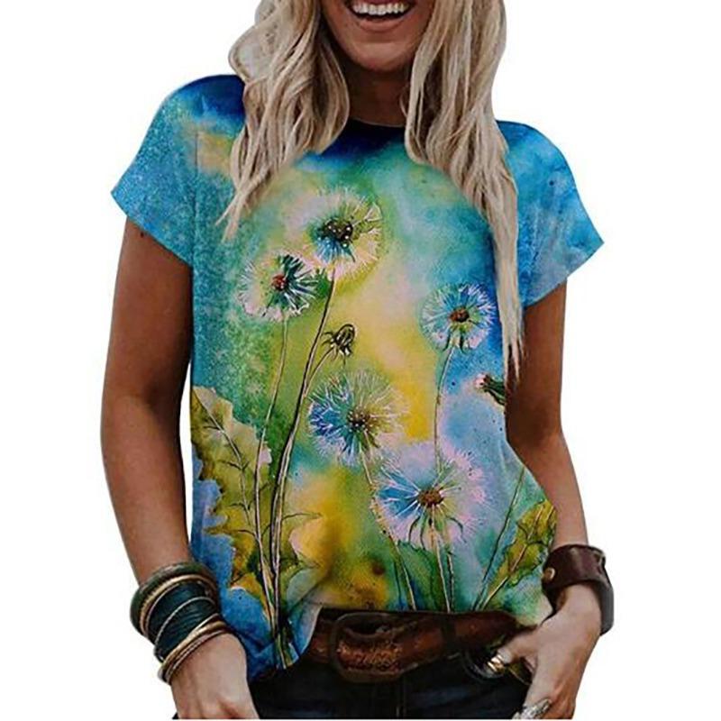 Summer Women's Loose Round Neck Pullover Fashionable Trendy Simple 3D Digital Printed Women's Short Sleeved T-shirt