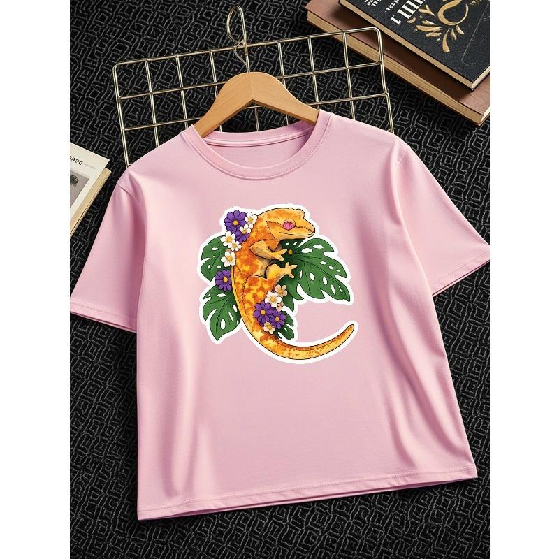 Kids Crewneck Short Sleeve T-Shirt, Gecko Green Leaves Purple Flowers Creative Print Summer Casual Tee