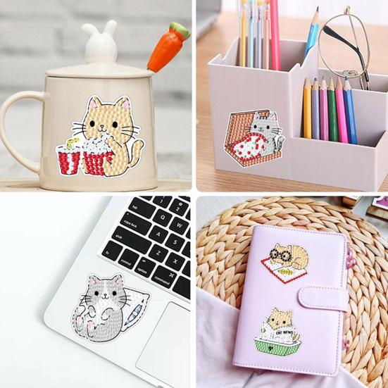 1 Set Rhinestone Painting Stickers Colorful Cartoon Cat Pattern Rhinestone Stickers Craft Kids Adults