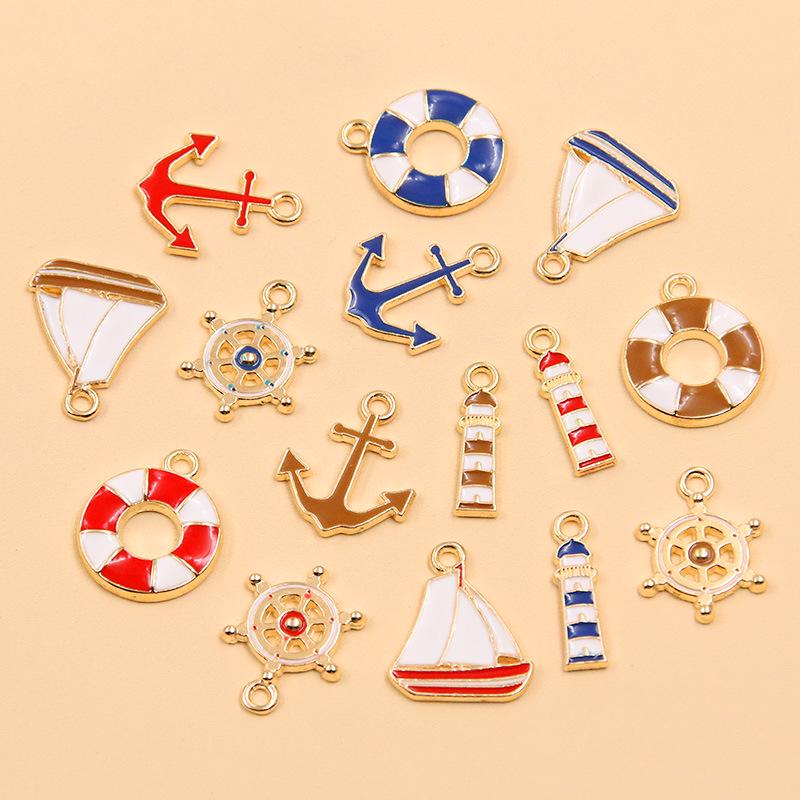 Nautical Series: 5 Alloy Enamel Pendants - Anchor, Lifebuoy, Sailboat for DIY Jewelry