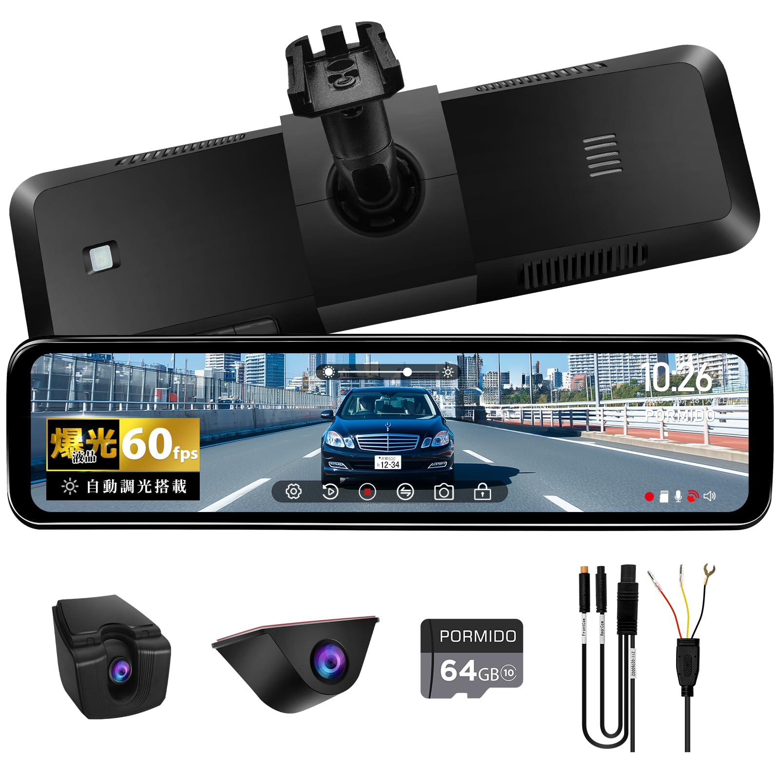 

PORMIDOAUTO Відеореєстратор і Задні Камери Sony IMX462 РК-дисплей Автоматична Яскравість Цифрове Внутрішнє Дзеркало Прихована Проводка Покращена Нічна Чіткість Денна чорний