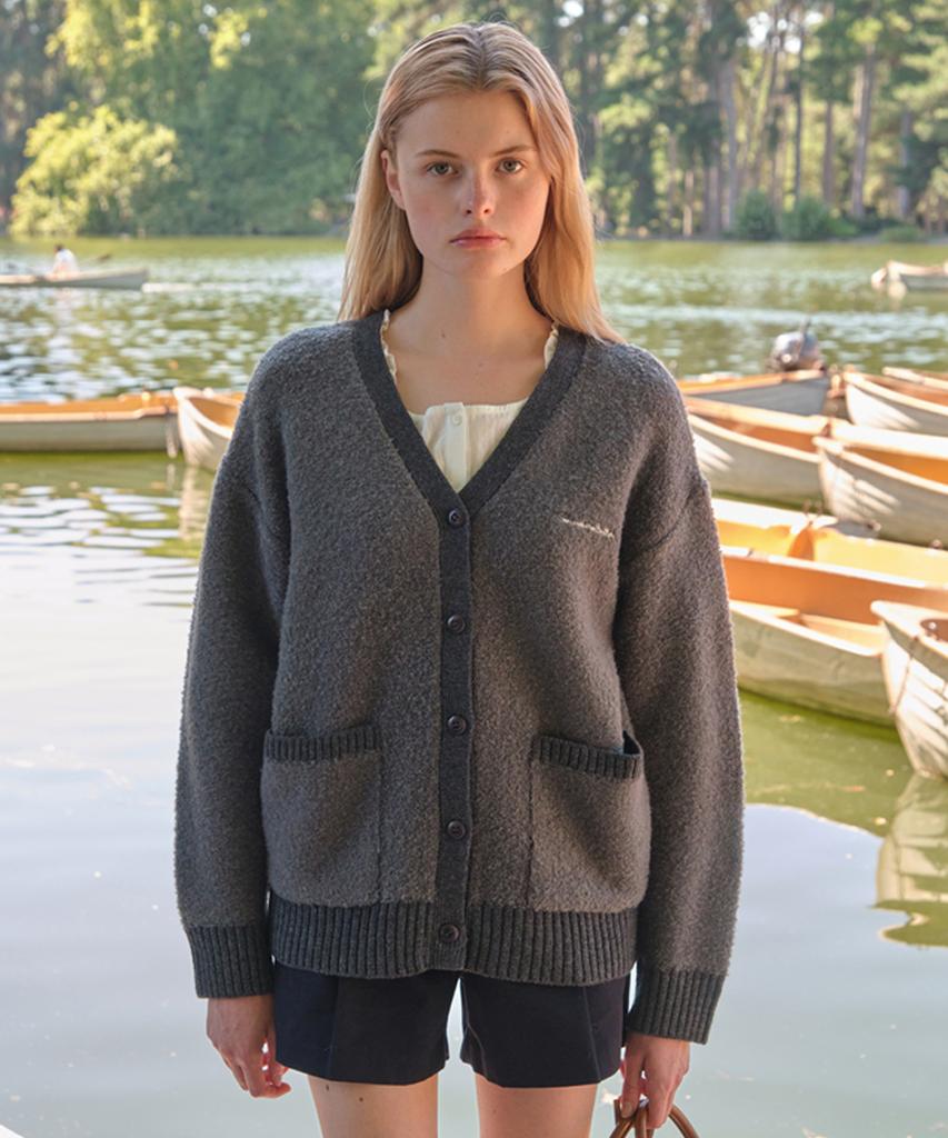 Sseomweeobeoteo Rima Boucle V-Neck Cardigan - Charcoal