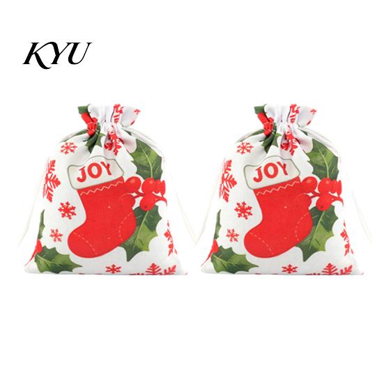 Christmas Eve Gift Wraps 2Pcs Drawstring Bags, Xmas Tree Reindeer Printed Candy Treat Small Goodie Bags Pouches, Reusable Fabric Holiday Party