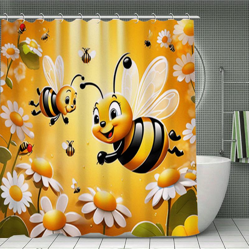

Shower Curtain Cute Yellow Bee Flowers Flannel Sponge Shower Curtain Bathroom Dry And Wet Separation Bathroom Decoration W60H190(CM)-1 Pcs