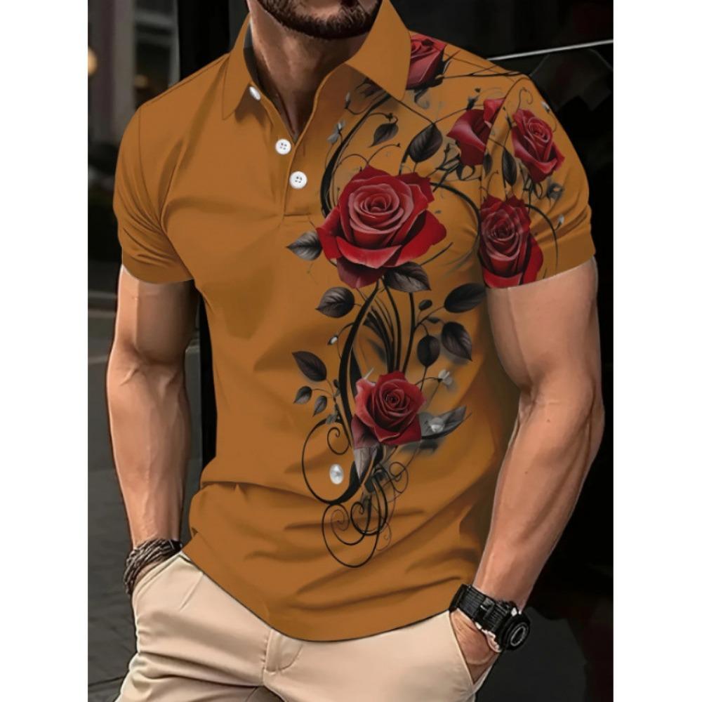 New Men's Red Rose Pattern 3D Printed Casual Top, Comfortable Short Sleeved Polo Shirt