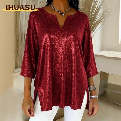 Damen Mode Lässig Einfarbiger Druck 3/4 Ärmel V-Ausschnitt Blusen & Hemden Einzigartiges Design
