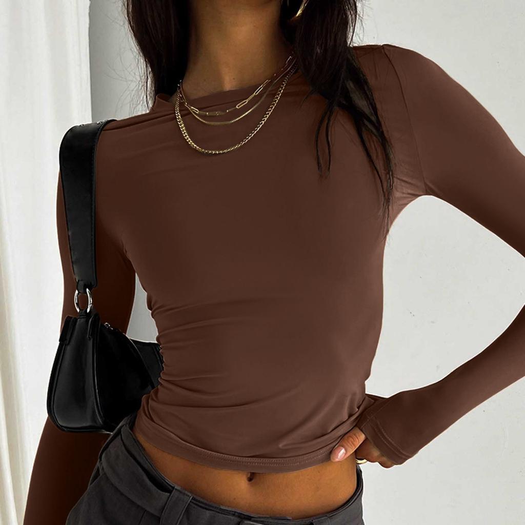 Women's Fashion Colour Round Neck Long Sleeve T-Shirt Top