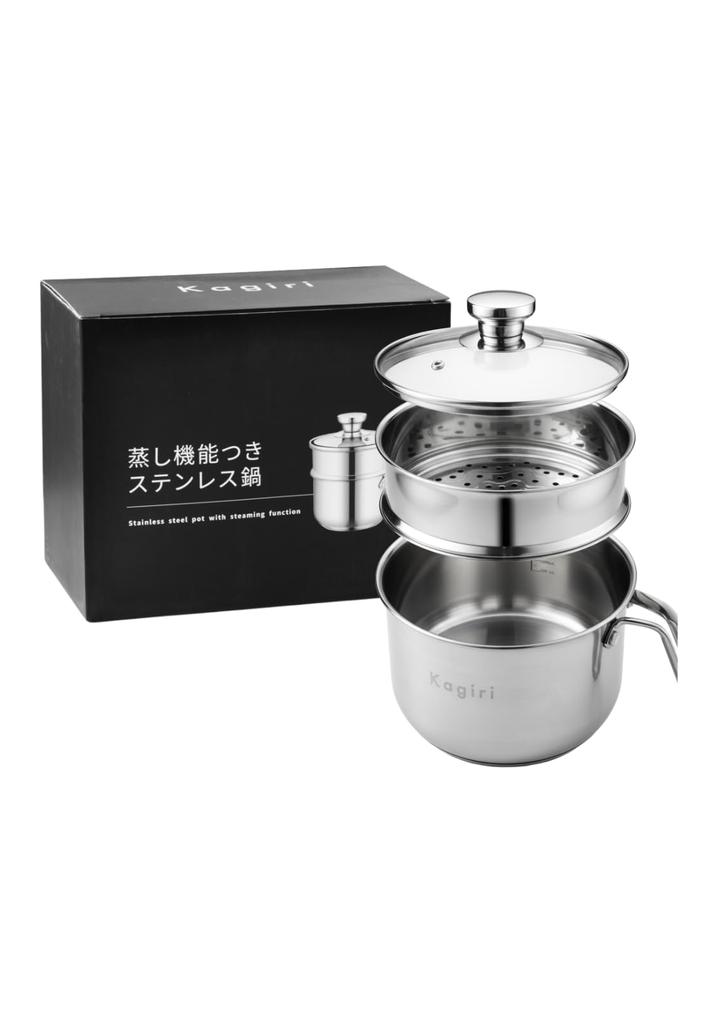 Kagiri Stainless Steel Multi Pot with Steaming Function, 2-Tier Saucepan, Stainless Steel, Glass Lid, Gas and IH Compatible, 1.9 L, 17 cm