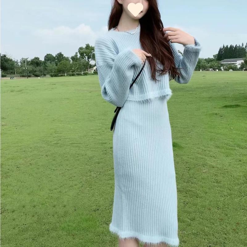 Autumn/Winter 2025 Women's Long Sleeve Knitted Dress Set - Loose Sweater Base Dress Fashion.