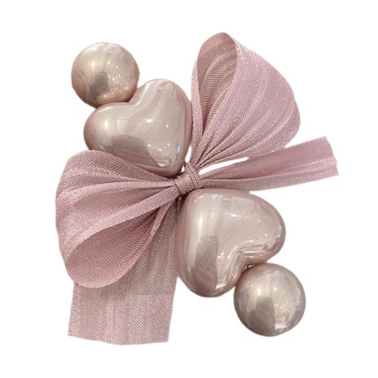 Women Hairpin Heart Shape Imitation Pearls Bowknot Decor Hair Clip Side Bang розовый