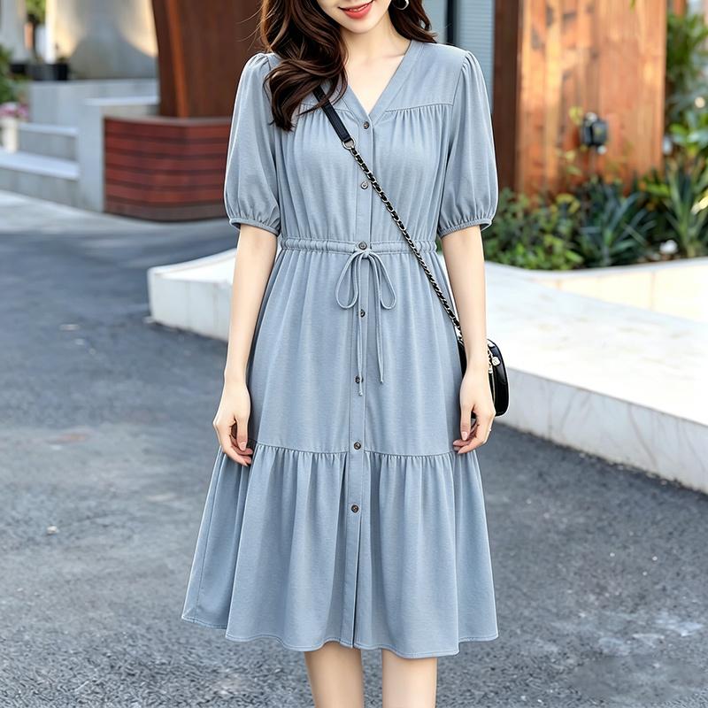 

ZANZEA Women Casual V-Neck Solid Color Half Sleeve Drawstring Loose Dress 5XL світло-синій колір