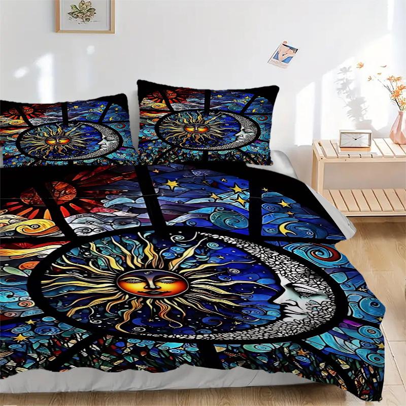 3pcs Anime Cartoon Design Stained Glass Window Panel, Includes One Quilt Cover and Two Pillowcases (No Core), Festive Gift