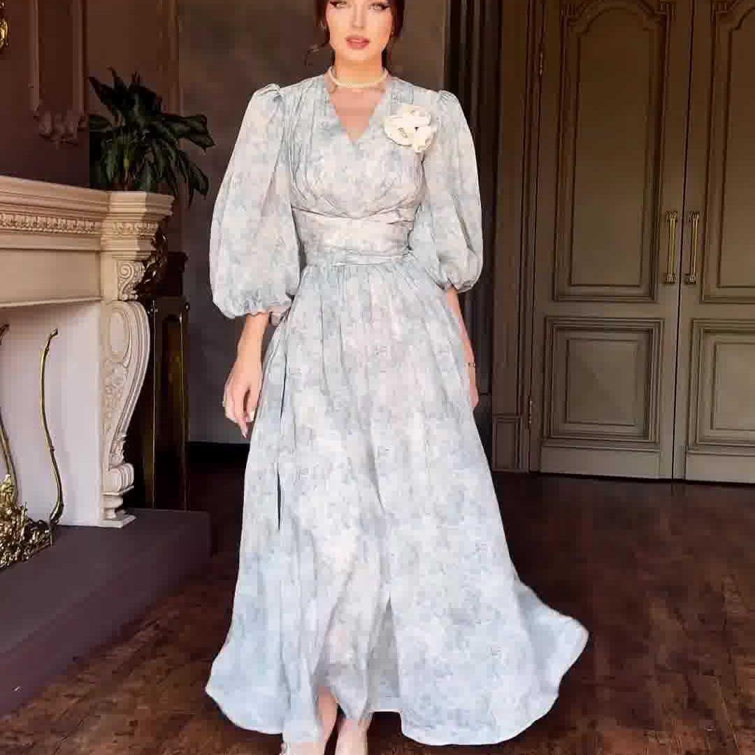 

2024 Осень Европейский и американский женский нежный стиль принт облегающее по талии стройнящее платье S