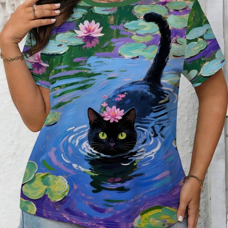 

Plus size women s light green and purple oil painting lotus pond and black cat all-over printed short-sleeved T-shirt 4XL