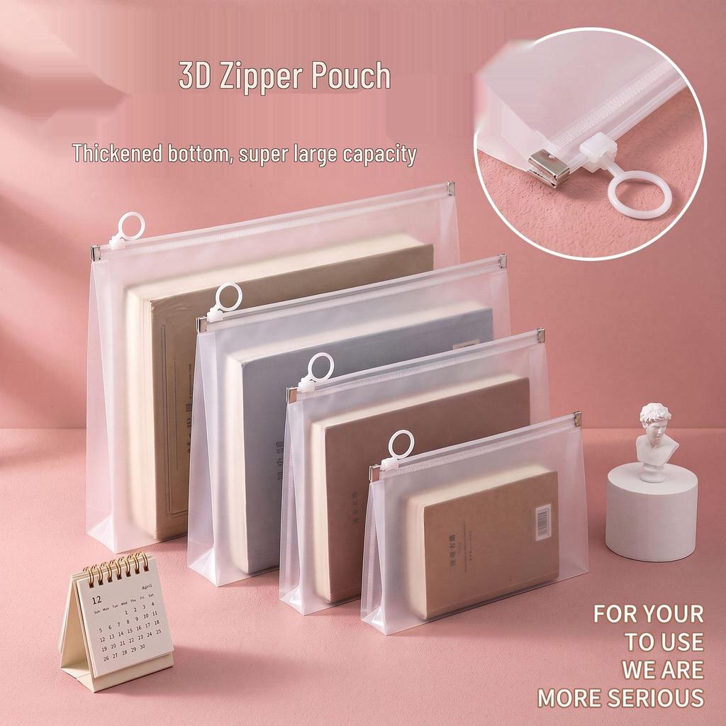 A4 Transparent 3D Zippered File Bag - Thick Frosted, Large Capacity for Students