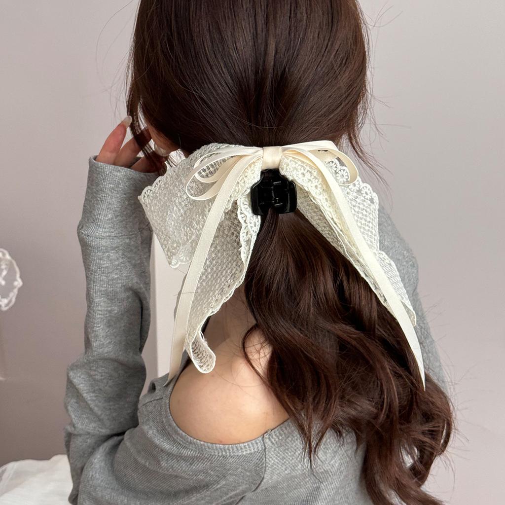 1pc French lace bow tie ribbon hair clip for women, summer half-updo, back of the head, pin curl hair clip.